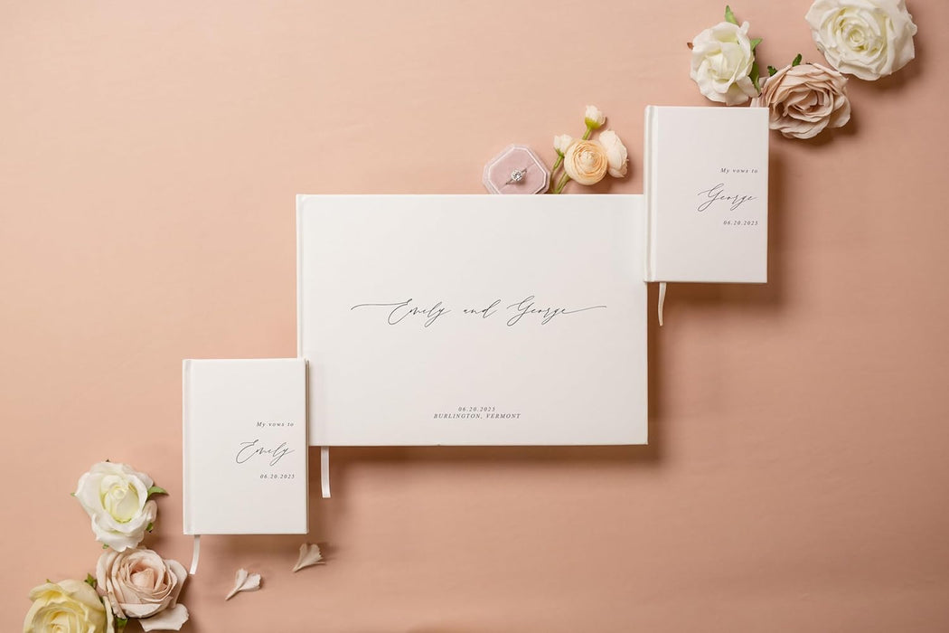 Personalized Wedding Book Set with Guestbook Vow Books (Design 1) - Custom Large 11.5 x 8.5 Guest Signin Book, 5.75 x 4 Vow Books for Marriage Ceremony Reception, Gift for Engaged Couple, Eggshell