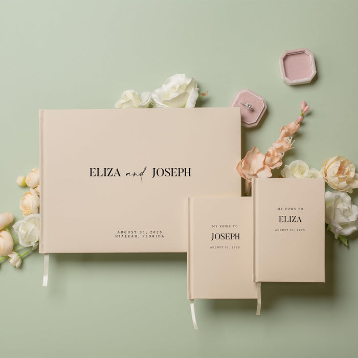 Personalized Wedding Book Set with Guestbook Vow Books (Design 2) - Custom Large 11.5 x 8.5 Guest Signin Book, 5.75 x 4 Vow Books for Marriage Ceremony Reception, Gift for Engaged Couple, Cream