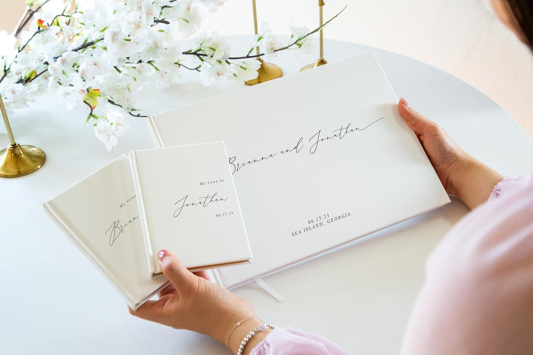 Personalized Wedding Book Set with Guestbook Vow Books (Design 1) - Custom Large 11.5 x 8.5 Guest Signin Book, 5.75 x 4 Vow Books for Marriage Ceremony Reception, Gift for Engaged Couple, Eggshell