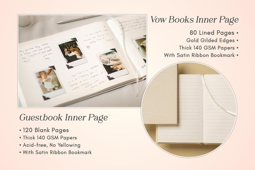 Personalized Wedding Book Set with Guestbook Vow Books (Design 2) - Custom Large 11.5 x 8.5 Guest Signin Book, 5.75 x 4 Vow Books for Marriage Ceremony Reception, Gift for Engaged Couple, Cream