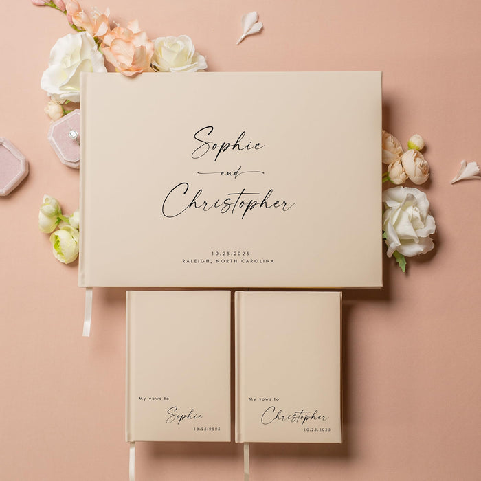 Personalized Wedding Book Set with Guestbook Vow Books (Design 4) - Custom Wedding Guestbook, Modern Vow Books, Keepsake Journal, Elegant Wedding Decor, Unique Wedding Stationery for Couples, Taupe