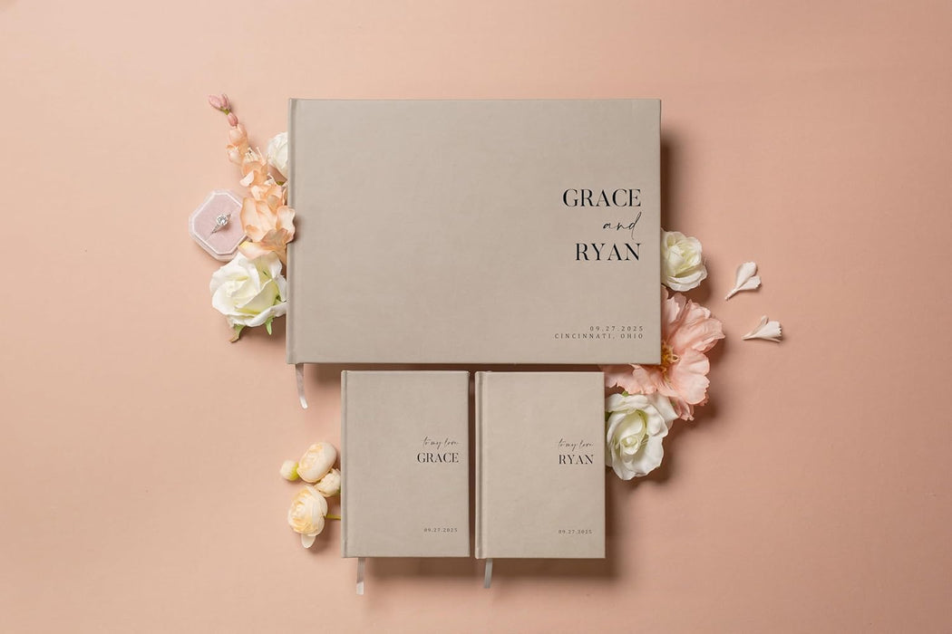 Personalized Wedding Book Set with Guestbook Vow Books (Design 3) - Custom Wedding Keepsake, Personalized Guestbook, Vow Journals, Modern Wedding Decor, Elegant Wedding Stationery for Couples, Taupe