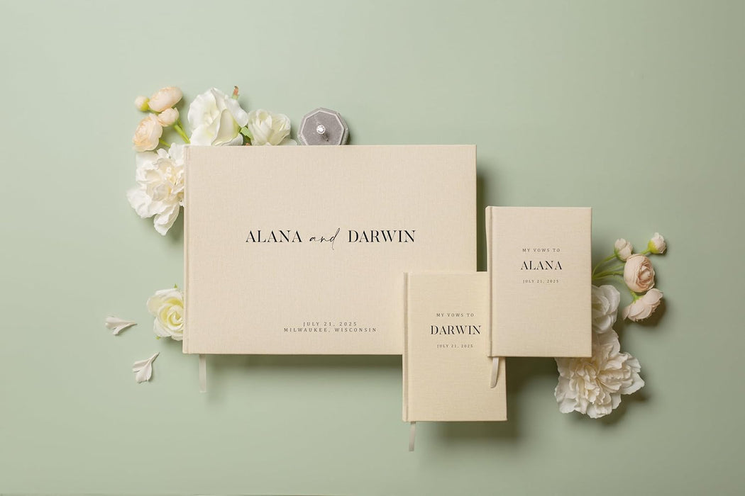 Personalized Wedding Book Set with Guestbook Vow Books (Design 2) - Custom Large 11.5 x 8.5 Guest Signin Book, 5.75 x 4 Vow Books for Marriage Ceremony Reception, Gift for Engaged Couple, Cream