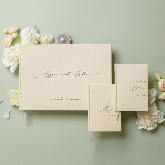 Personalized Wedding Book Set with Guestbook Vow Books (Design 1) - Custom Large 11.5 x 8.5 Guest Signin Book, 5.75 x 4 Vow Books for Marriage Ceremony Reception, Gift for Engaged Couple, Eggshell