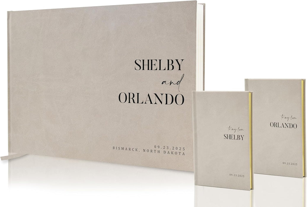 Personalized Wedding Book Set with Guestbook Vow Books (Design 3) - Custom Wedding Keepsake, Personalized Guestbook, Vow Journals, Modern Wedding Decor, Elegant Wedding Stationery for Couples, Taupe