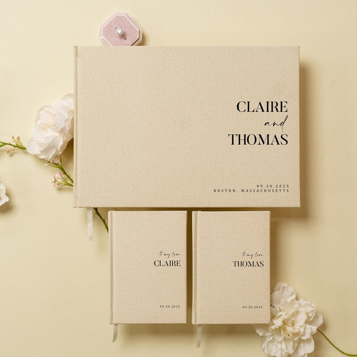 Personalized Wedding Book Set with Guestbook Vow Books (Design 3) - Custom Wedding Keepsake, Personalized Guestbook, Vow Journals, Modern Wedding Decor, Elegant Wedding Stationery for Couples, Taupe