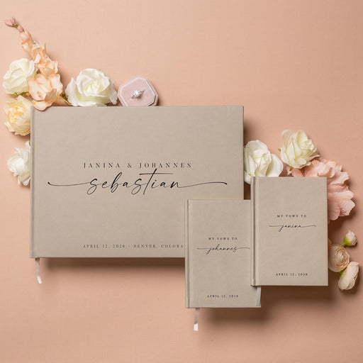 Personalized Wedding Book Set with Guestbook Vow Books (Design 5) - Custom Wedding Keepsake, Vow Journals, Customizable Guestbook, Elegant Wedding Decor, Modern Wedding Stationery for Couples, Taupe