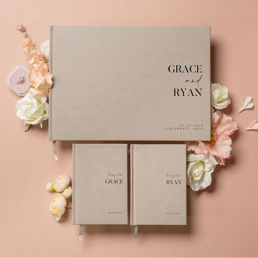 Personalized Wedding Book Set with Guestbook Vow Books (Design 3) - Custom Wedding Keepsake, Personalized Guestbook, Vow Journals, Modern Wedding Decor, Elegant Wedding Stationery for Couples, Taupe