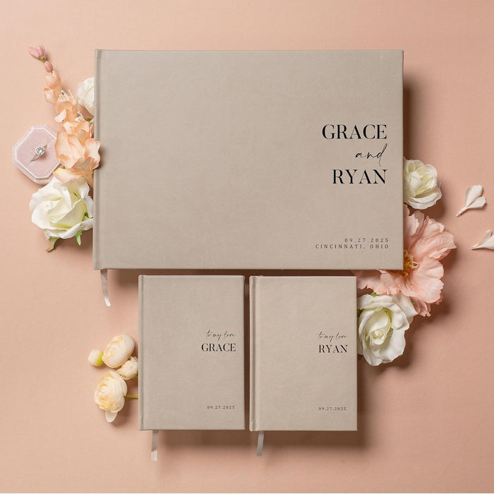 Personalized Wedding Book Set with Guestbook Vow Books (Design 3) - Custom Wedding Keepsake, Personalized Guestbook, Vow Journals, Modern Wedding Decor, Elegant Wedding Stationery for Couples, Taupe
