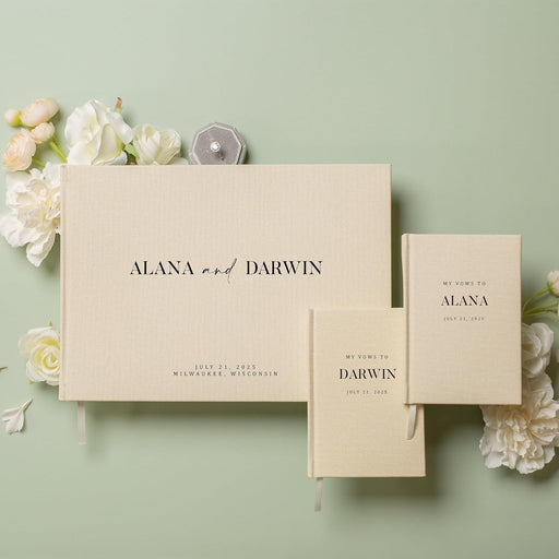 Personalized Wedding Book Set with Guestbook Vow Books (Design 2) - Custom Large 11.5 x 8.5 Guest Signin Book, 5.75 x 4 Vow Books for Marriage Ceremony Reception, Gift for Engaged Couple, Cream