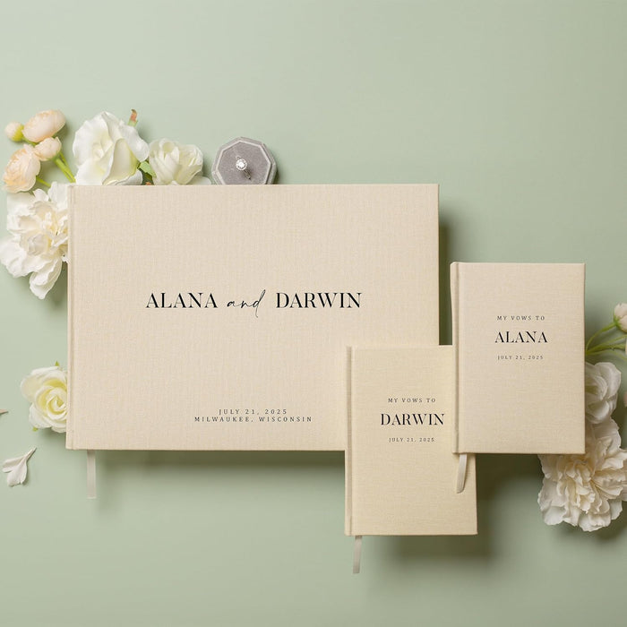 Personalized Wedding Book Set with Guestbook Vow Books (Design 2) - Custom Large 11.5 x 8.5 Guest Signin Book, 5.75 x 4 Vow Books for Marriage Ceremony Reception, Gift for Engaged Couple, Cream