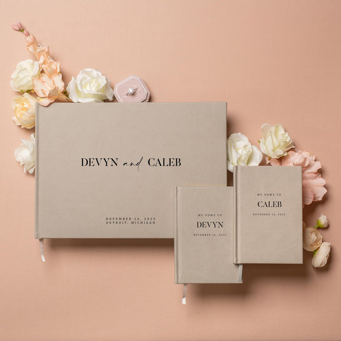 Personalized Wedding Book Set with Guestbook Vow Books (Design 2) - Custom Large 11.5 x 8.5 Guest Signin Book, 5.75 x 4 Vow Books for Marriage Ceremony Reception, Gift for Engaged Couple, Cream