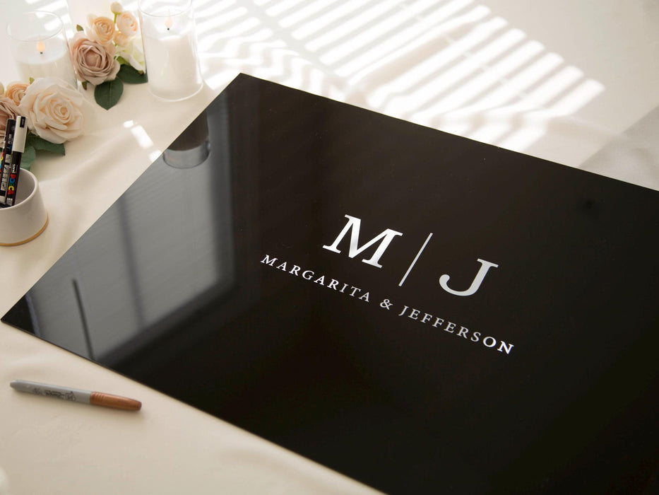 Wedding Guest Book Alternative (Black) w/ Optional 3D Monogram - Personalized Acrylic Plaque Guestbook, Wedding Reception Decor Signage