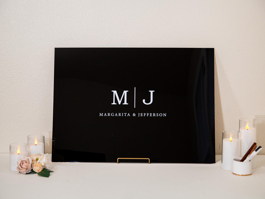 Wedding Guest Book Alternative (Black) w/ Optional 3D Monogram - Personalized Acrylic Plaque Guestbook, Wedding Reception Decor Signage