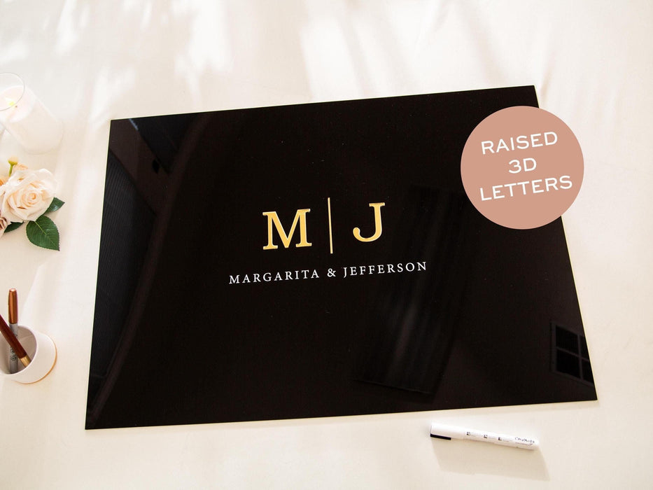 Wedding Guest Book Alternative (Black) w/ Optional 3D Monogram - Personalized Acrylic Plaque Guestbook, Wedding Reception Decor Signage