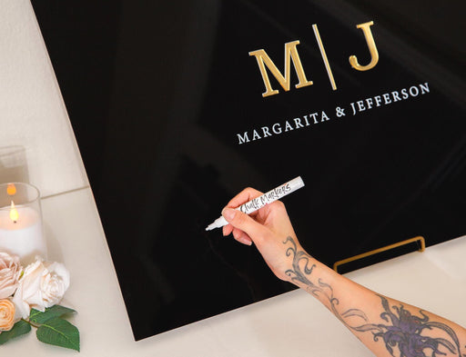 Wedding Guest Book Alternative (Black) w/ Optional 3D Monogram - Personalized Acrylic Plaque Guestbook, Wedding Reception Decor Signage