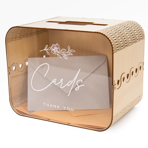 Wedding Card Box (Design 1 Clear) - Reception Table Money Cash Gift Favor Honeymoon Fund Collecting Storage Holder for Birthday Graduation Party Quinceanera Bridal Baby Shower Decor, 9.5" x 7.5"