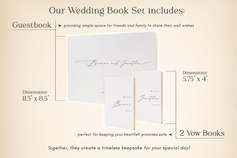 Personalized Wedding Book Set with Guestbook Vow Books (Design 1) - Custom Large 11.5 x 8.5 Guest Signin Book, 5.75 x 4 Vow Books for Marriage Ceremony Reception, Gift for Engaged Couple, Eggshell