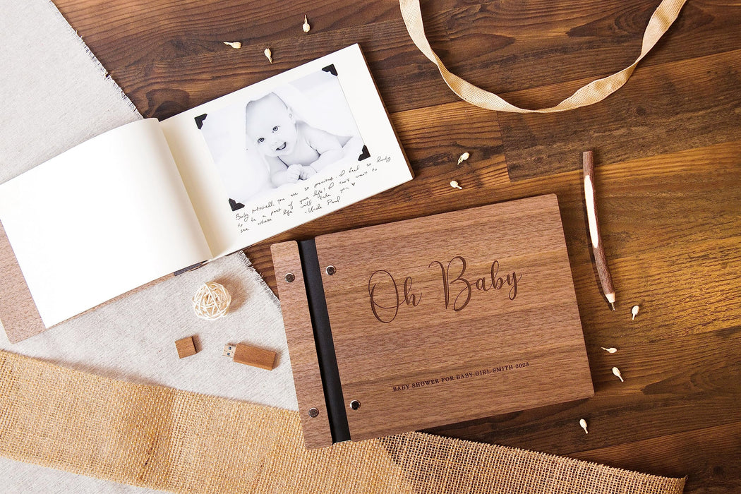 Engraved Wood Cover Oh Baby Book for Baby Showers