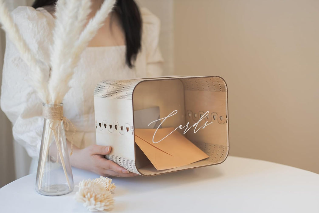 Wedding Card Box (Design 1 Clear) - Reception Table Money Cash Gift Favor Honeymoon Fund Collecting Storage Holder for Birthday Graduation Party Quinceanera Bridal Baby Shower Decor, 9.5" x 7.5"