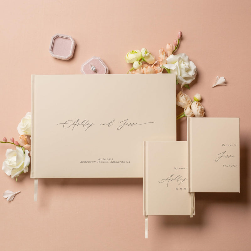 Personalized Wedding Book Set with Guestbook Vow Books (Design 1) - Custom Large 11.5 x 8.5 Guest Signin Book, 5.75 x 4 Vow Books for Marriage Ceremony Reception, Gift for Engaged Couple, Eggshell