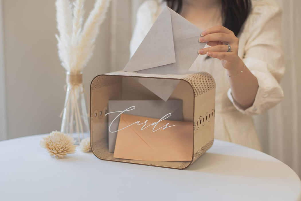 Wedding Card Box (Design 1 Clear) - Reception Table Money Cash Gift Favor Honeymoon Fund Collecting Storage Holder for Birthday Graduation Party Quinceanera Bridal Baby Shower Decor, 9.5" x 7.5"