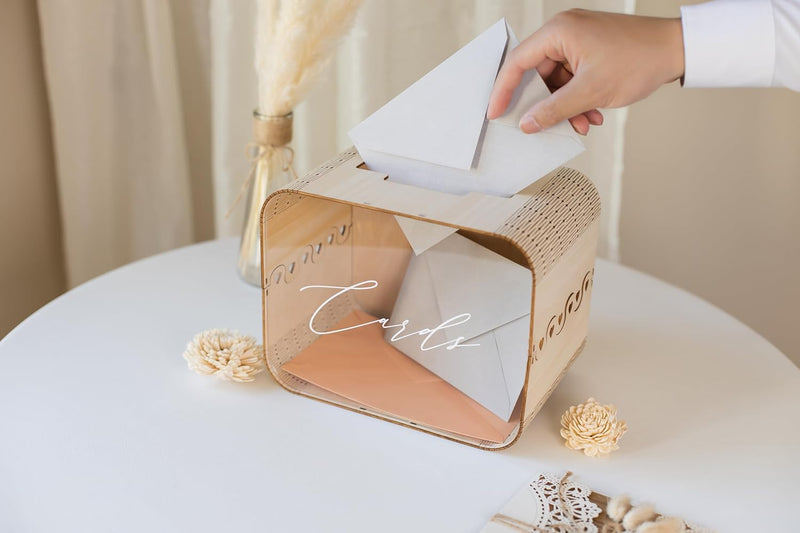 Wedding Card Box (Design 1 Clear) - Reception Table Money Cash Gift Favor Honeymoon Fund Collecting Storage Holder for Birthday Graduation Party Quinceanera Bridal Baby Shower Decor, 9.5" x 7.5"