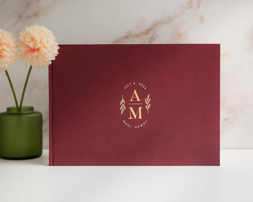 Personalized Foil Guest Book - 11.5 x 8.5 Custom Guestbook with Foliage Customizable Initials Date Location Cover, Hardcover Polaroid Book for Sign in at Wedding Reception Baby Bridal Shower Party