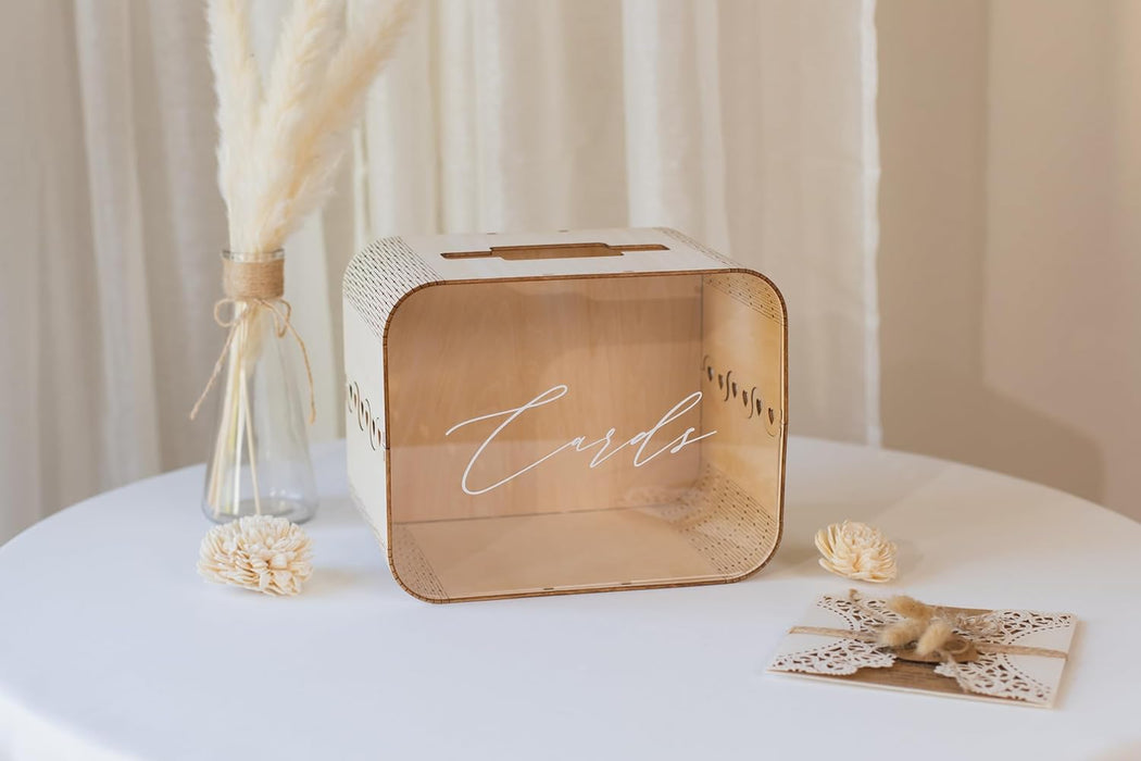 Wedding Card Box (Design 1 Clear) - Reception Table Money Cash Gift Favor Honeymoon Fund Collecting Storage Holder for Birthday Graduation Party Quinceanera Bridal Baby Shower Decor, 9.5" x 7.5"