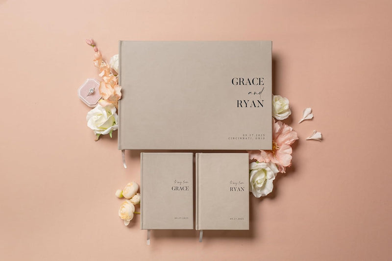 Personalized Wedding Book Set with Guestbook Vow Books (Design 3) - Custom Wedding Keepsake, Personalized Guestbook, Vow Journals, Modern Wedding Decor, Elegant Wedding Stationery for Couples, Taupe