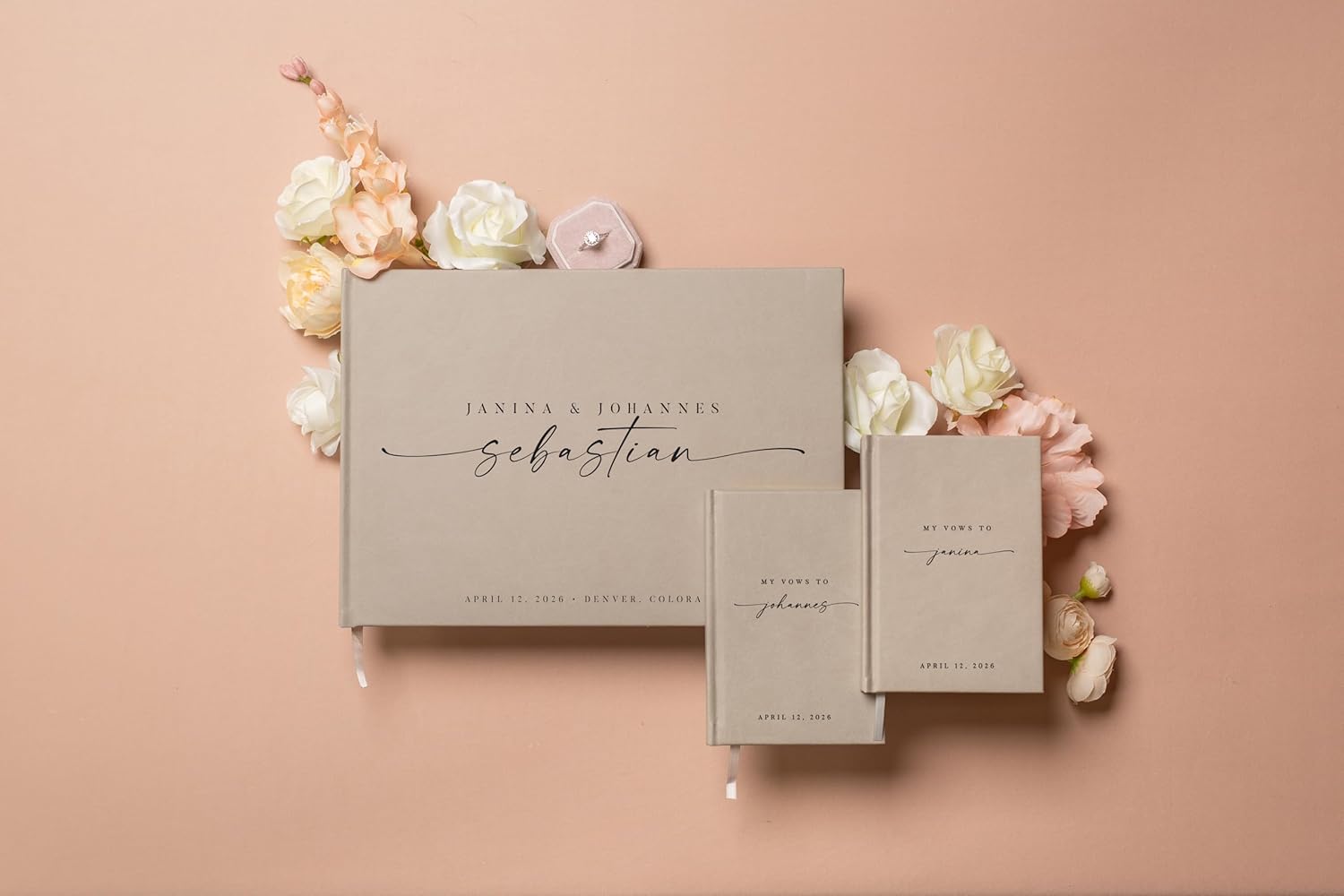 Personalized Wedding Book Set with Guestbook Vow Books (Design 5) - Custom Wedding Keepsake, Vow Journals, Customizable Guestbook, Elegant Wedding Decor, Modern Wedding Stationery for Couples, Taupe