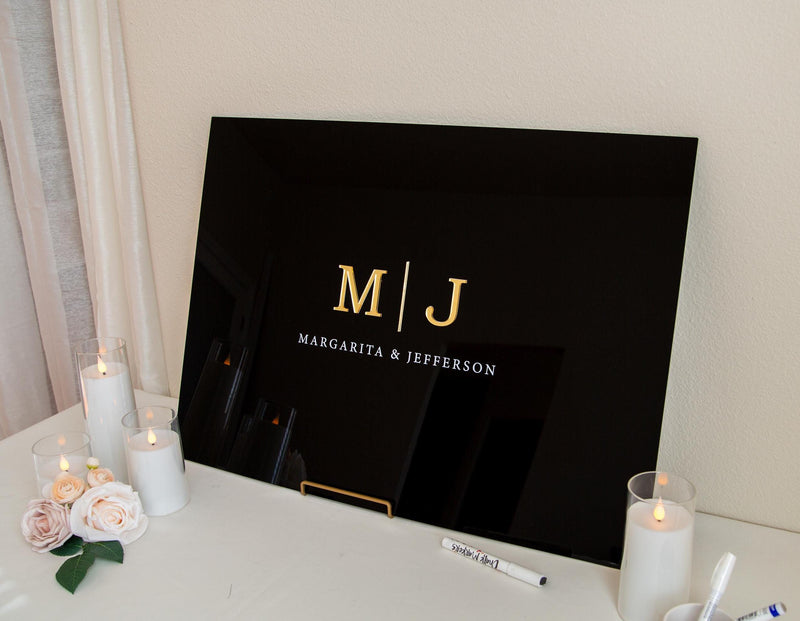 Wedding Guest Book Alternative (Black) w/ Optional 3D Monogram - Personalized Acrylic Plaque Guestbook, Wedding Reception Decor Signage