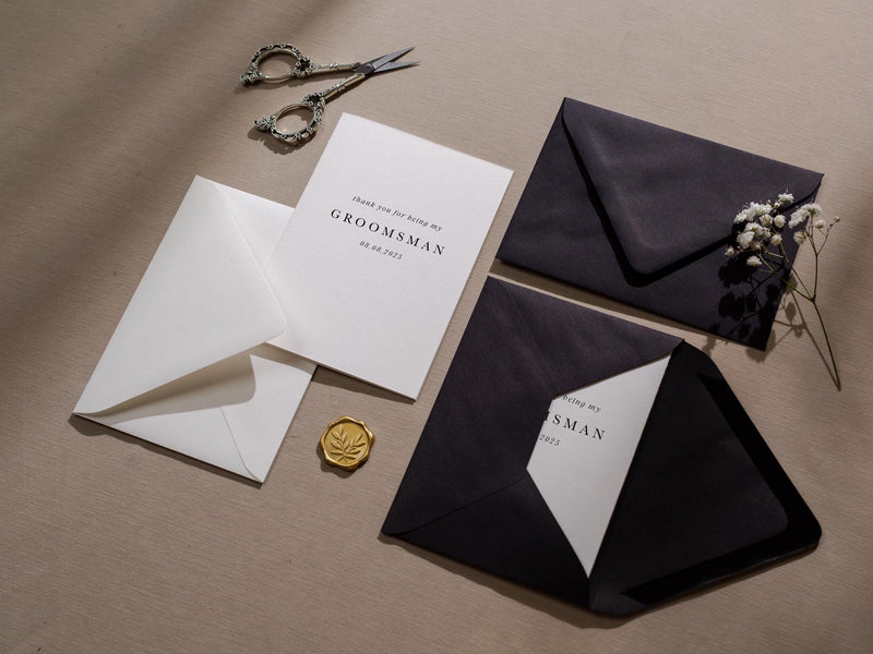 Wedding day folded card (d5) - custom dated thank you for being my groomsman best man ring bearer from groom bride with envelope 4.5x6.25"
