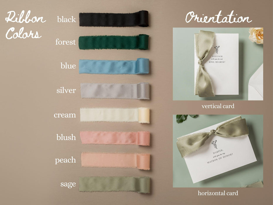 Will You Be My? Proposal Cards w/ Ribbon (D6) - Bridesmaid, Maid of Honor, Groomsman, Flower Girl, Officiant, Wedding Party, 4.5x6.25"