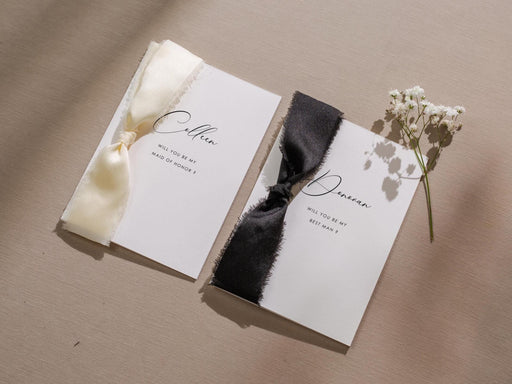 Will You Be My? Proposal Cards w/ Ribbon (D7) - Maid of Honor, Groomsmen, Flower Girl, Ring Bearer, Wedding Party, 4.5x6.25"