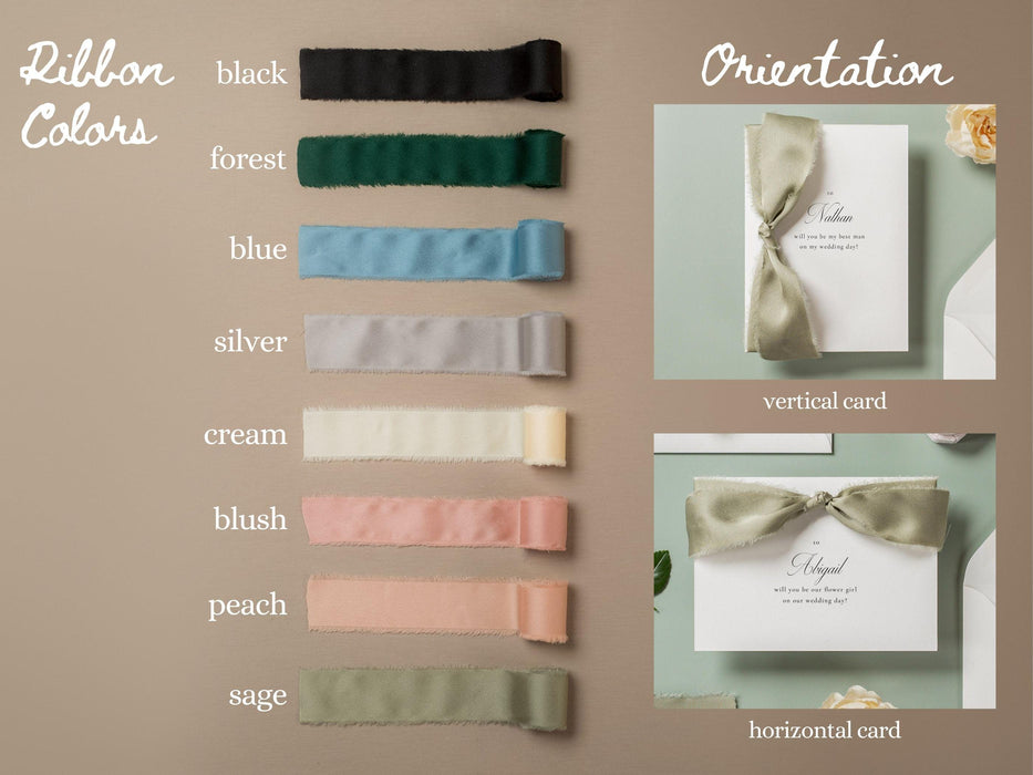 Will You Be My? Proposal Cards w/ Ribbon (D8) - Bridesmaid, Maid of Honor, Groomsman, Flower Girl, Officiant, Wedding Party, 4.5x6.25"