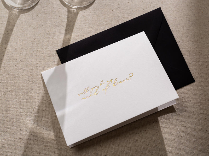Gold Embossed Folded Card w/ Envelope (Maid) - Will You Be My Maid Of Honor Proposal Card Bridesmaid Wedding Stationery Thank You Letter