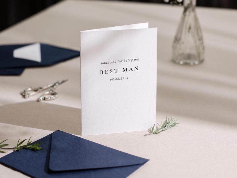 Wedding day folded card (d5) - custom dated thank you for being my groomsman best man ring bearer from groom bride with envelope 4.5x6.25"