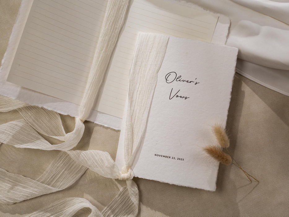 Personalized Deckled Edge Wedding Vow Booklets D1 - Set of 2, Vow Books w/ Ribbon, Vow Renewals, Husband Wife, Custom Names and Date, 5x7"