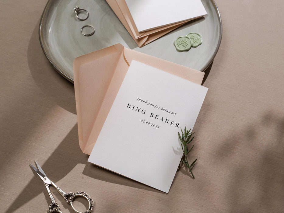 Wedding day folded card (d5) - custom dated thank you for being my groomsman best man ring bearer from groom bride with envelope 4.5x6.25"