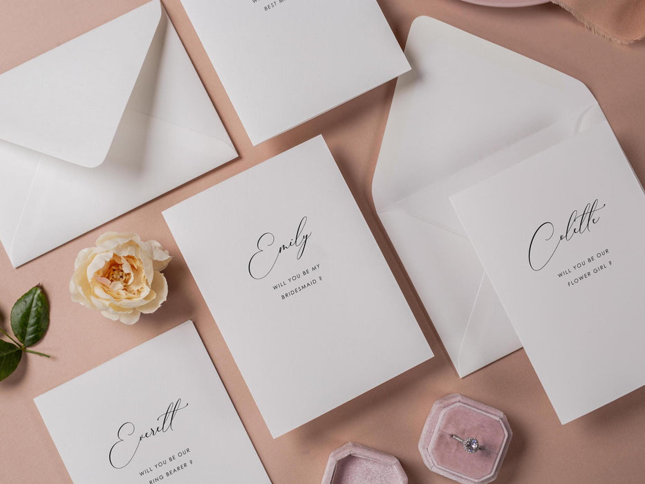Will You Be My? Proposal Cards w/ Ribbon (D7) - Maid of Honor, Groomsmen, Flower Girl, Ring Bearer, Wedding Party, 4.5x6.25"