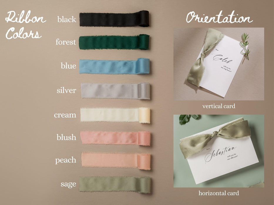 Will You Be My? Proposal Cards w/ Ribbon (D9) - Ring Bearer, Bridesmaid, Maid of Honor, Groomsmen, Officiant, Wedding Party, 4.5x6.25"