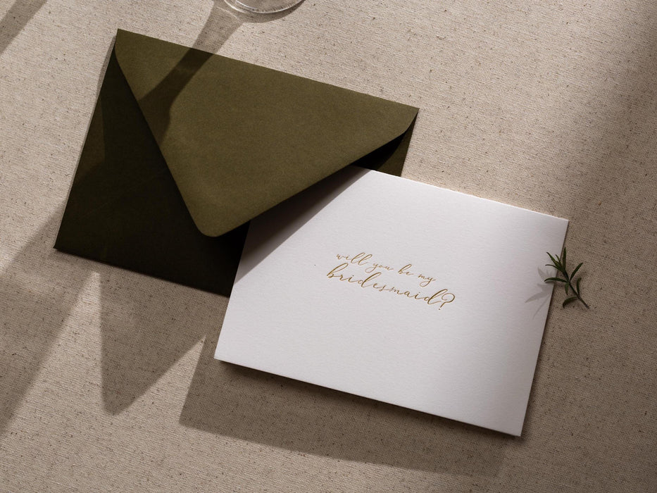 Gold Embossed Folded Card w/ Envelope (Bridesmaid) - Will You Be My Bridesmaid Proposal Card Minimalist Golden Letter Wedding Stationery