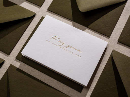 Gold Embossed Folded Card w/ Envelope (Groom) - Wedding Day Card For Groom From Bride Elegant Message Romantic Wedding Morning Gift For Him