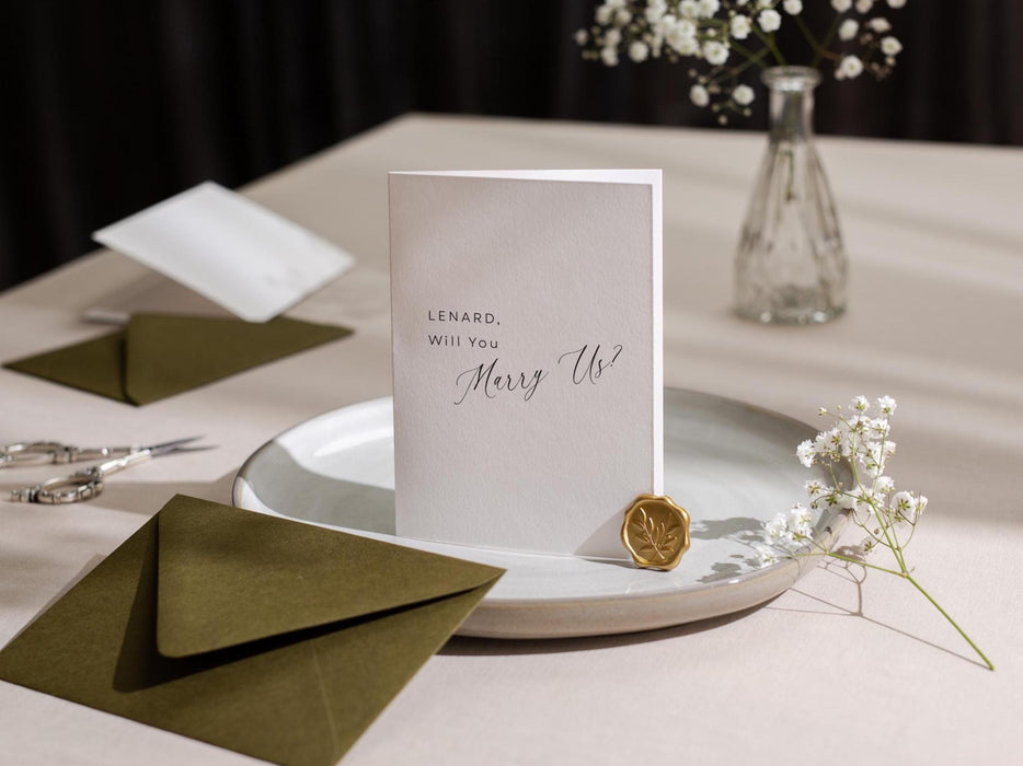Will you marry us? wedding day folded card (d11) - custom name personalized sponsor officiant godparent host blank cards 4.5x6.25"
