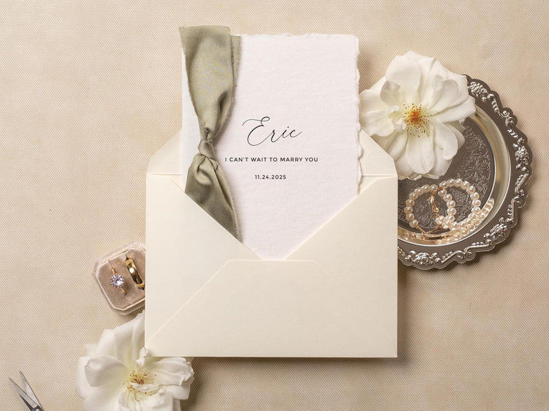 Deckle Edge Wedding Day Folded Card (D19) - to my husband wife groom bride on our wedding day personalized custom name date ribbon 5x7"