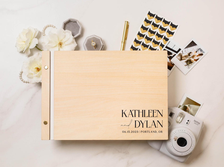 Wooden Luxe Photo Guest Book (D4) - 11.5 x 8.5 Diy Custom Wedding Instax Polaroid Instant Pictures Signing Book Reception Party Scrapbook