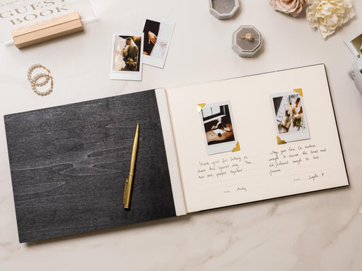 Wooden Luxe Photo Guest Book (D4) - 11.5 x 8.5 Diy Custom Wedding Instax Polaroid Instant Pictures Signing Book Reception Party Scrapbook