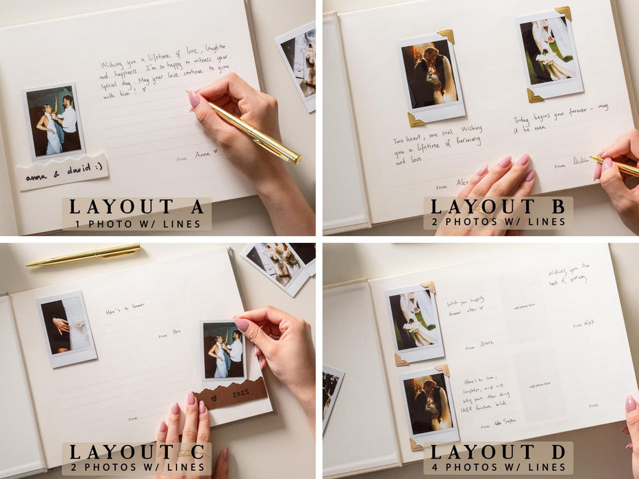 Wooden Luxe Photo Guest Book (D2) - Customized Leaf & Floral Design Wedding Keepsake Memory Album with Instax Polaroid Layout Lined Pages