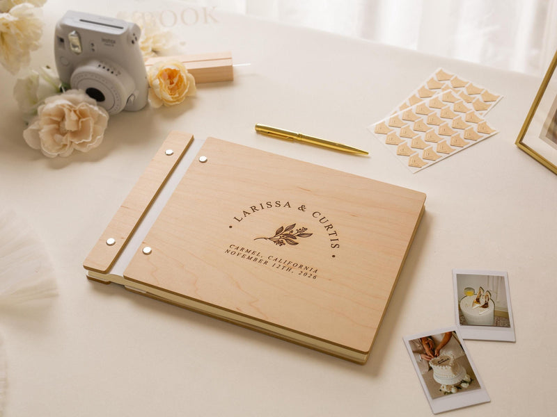 Engraved Premium Photo Guest Book (Design 2) - Wooden Floral Wedding Guest Album, Bridal Shower Photo Memory Book for Instax Mini Photos